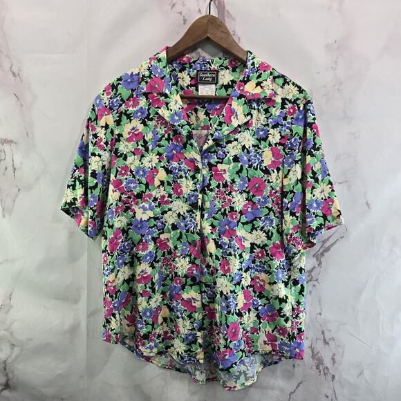 Vintage Shirt Womens Large Black Purple Button Up Short Sleeve Camp 90s Boxy - Picture 1 of 10